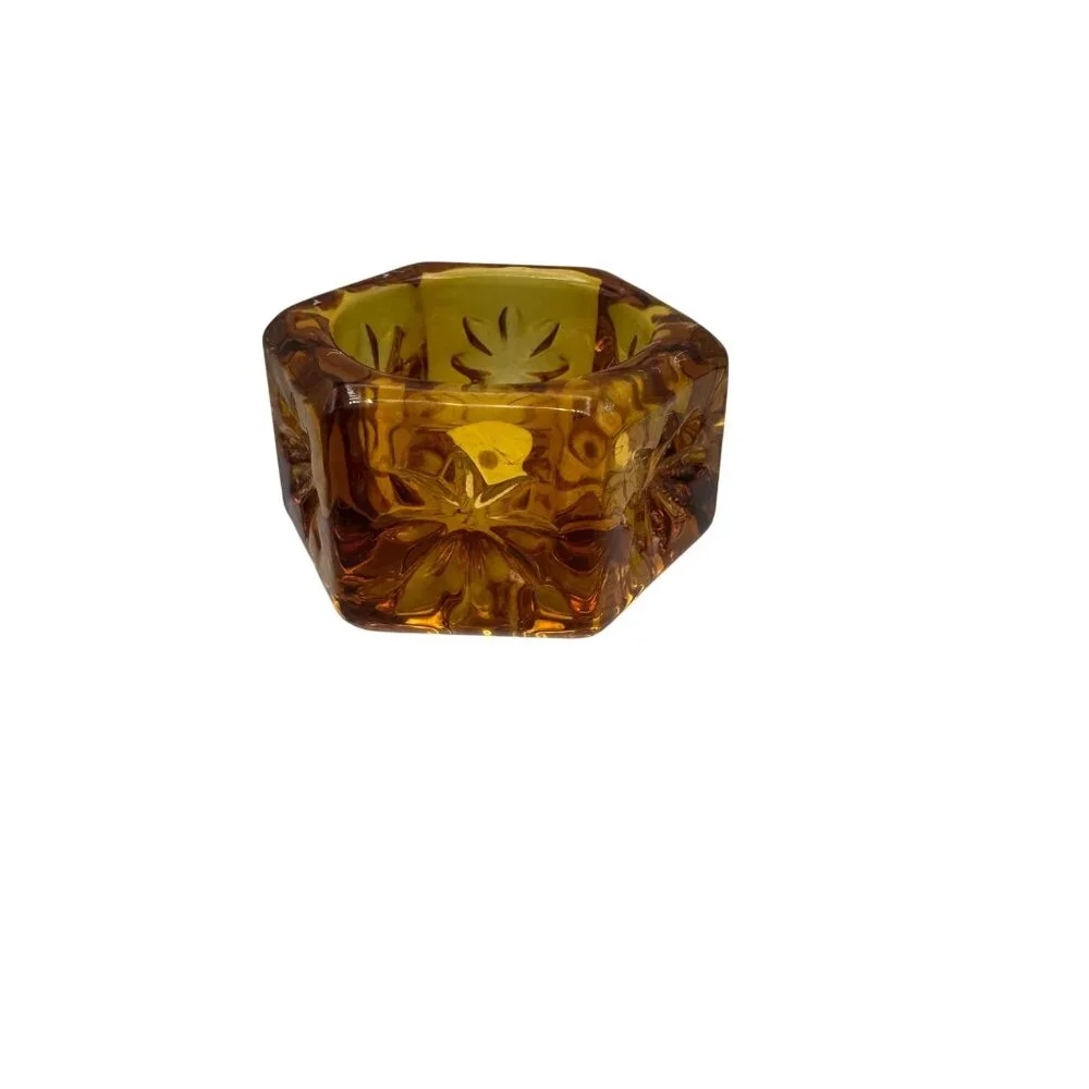 Amber Hexagon Glass Salt Celar Dish With Floral Etching